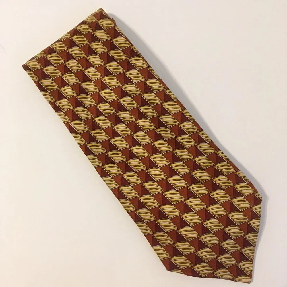 Valentino Cravatte Neck Tie 100% Silk Rust Brown Gold Handmade Geometric Pattern